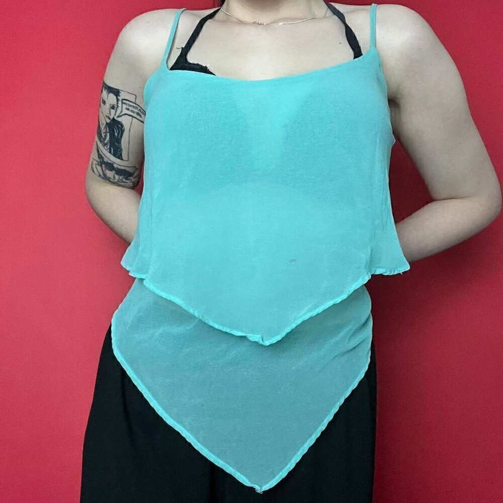 UK2LA / light blue teal V cut hemline layered sheer Y2K tank top​​​​​​​​​​​​​​